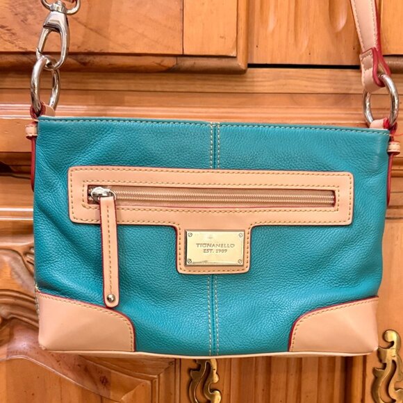 Tignanello Turquoise & Beige Pebbled Leather Convertible Bag w Front Pocket Adj - Picture 1 of 13